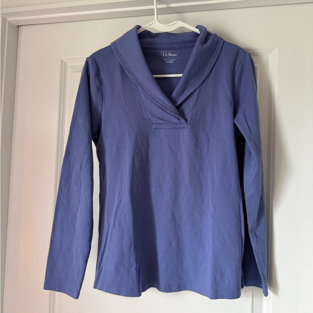L.L. Bean Womens Small Purple/blue Long Sleeve Cotton Top Shawl Collar Casual